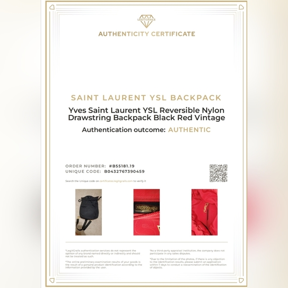 VTG Yves Saint Laurent YSL Reversible Nylon Drawstring Backpack w/COA - Picture 9 of 11